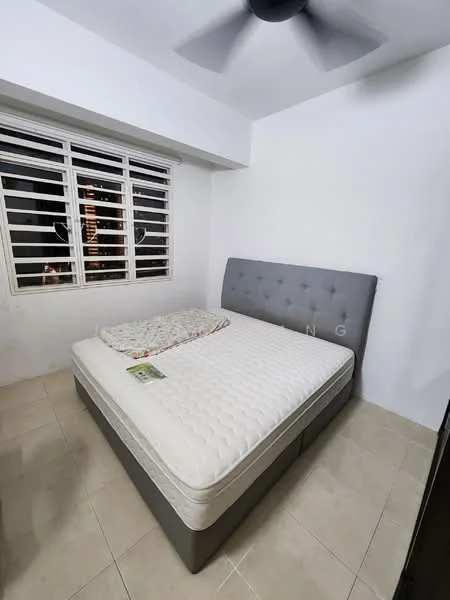 Bedroom features: queen-size bed, upholstered headboard in grey, white bedding with floral pattern, ceiling fan, window with horizontal grilles, light-colored tiled flooring, white painted walls; style: modern.