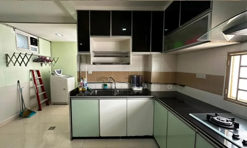 Kitchen features: black and white cabinetry, stainless-steel sink, chrome pull-down faucet, black countertop, built-in gas hob, exhaust hood, white tiled backsplash, ceramic tile flooring, window with grid design, refrigerator, open shelving, wall-mounted storage rack; style: modern.