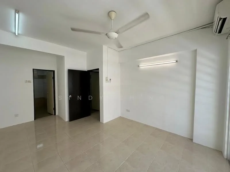 Room features: white painted walls, tile flooring, ceiling fan, recessed lighting, air conditioning unit, doorway to adjacent room, large window with natural light, neutral color scheme; style: modern.