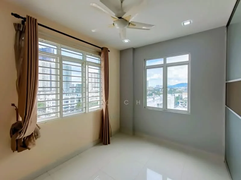 Bedroom features: floor-to-ceiling windows, white painted walls, light grey accent wall, recessed downlights, 5-blade ceiling fan, curtains, glossy tile flooring, built-in wardrobe; style: modern; view: city.