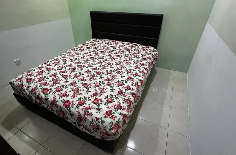 Bedroom features: queen-size bed with upholstered headboard, floral patterned bedspread, cream painted walls, green accent wall, tile flooring, single window, no visible closet or storage.