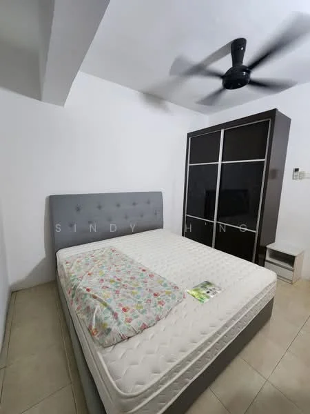 Bedroom features: queen-size bed, upholstered headboard, bedding with floral pattern, built-in wardrobe with sliding doors, nightstand, ceiling fan, white painted walls, tile flooring; style: modern.