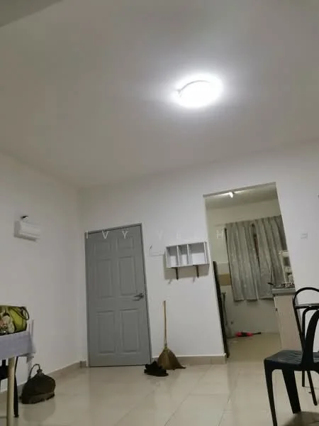 Room features: white painted walls, tile flooring, 1 wall-mounted split AC, ceiling light, grey door, curtains, broom, table with cloth, black chair.