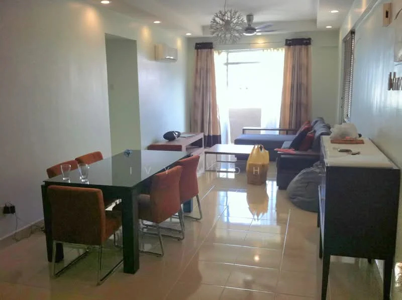 Living features: cream painted walls, glossy tile flooring, 5-blade ceiling fan with light, sofa in grey, coffee table, dining table with 6 orange upholstered chairs, floor-to-ceiling windows with sheer curtains, decorative wall art, air conditioning unit; style: modern.
