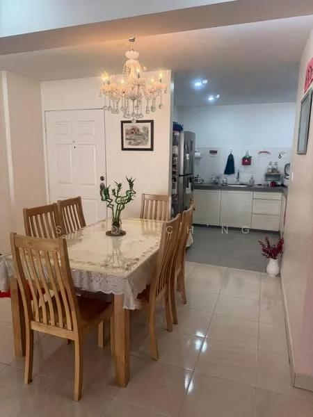 Dining features: wooden dining table with six chairs, chandelier light fixture, cream walls, tile flooring, decorative plant on table, framed artwork on wall, open layout to kitchen, white ceiling; style: modern. Kitchen features: white cabinetry, stainless-steel refrigerator, built-in oven, kitchen countertop, kitchen sink, wall-mounted cabinets, tile backsplash, light fixtures; style: modern.