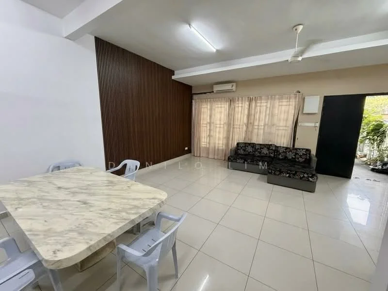 Living features: cream painted walls, wood panel accent wall, marble dining table, plastic dining chairs, 3-seater fabric sofa in dark grey, floor-to-ceiling windows with sheer curtains, tile flooring, ceiling fan with light, air conditioning unit, decorative plants visible through window; style: modern; view: garden.
