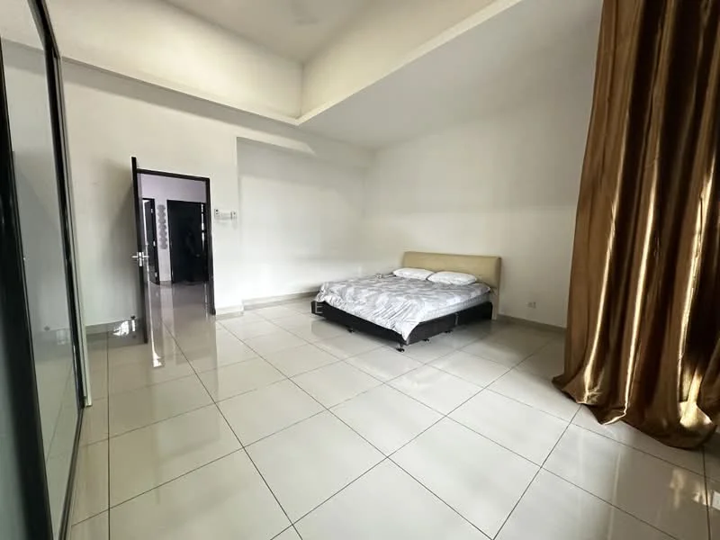 Bedroom features: king-size bed, white bedding, large floor-to-ceiling windows, cream curtains, white painted walls, polished ceramic tile flooring, high ceiling, minimalist decor; style: modern.