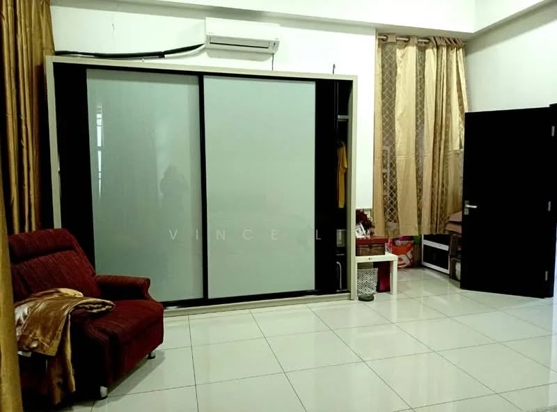 Living features: cream painted walls, white tiled flooring, 1 wall-mounted split AC, sliding glass door, floor-to-ceiling curtains, red fabric armchair, built-in wardrobe with sliding doors, TV console, decorative items on shelves; style: modern.
