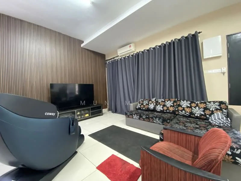 Living features: 3-seater fabric sofa with floral pattern, single armchair with striped pattern, TV console with storage, wall-mounted flat-screen TV, white tiled flooring, brown accent wall with wood paneling, grey curtains, air conditioning unit on wall, red area rug; style: modern.