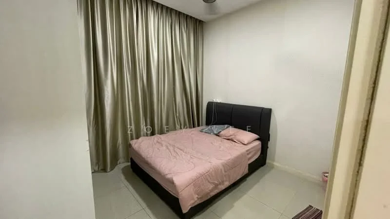 Bedroom features: queen-size bed with pink bedding, black upholstered headboard, floor-to-ceiling curtains in light green, white painted walls, tile flooring, ceiling light fixture, power outlet on the wall, minimalist decor; style: modern.