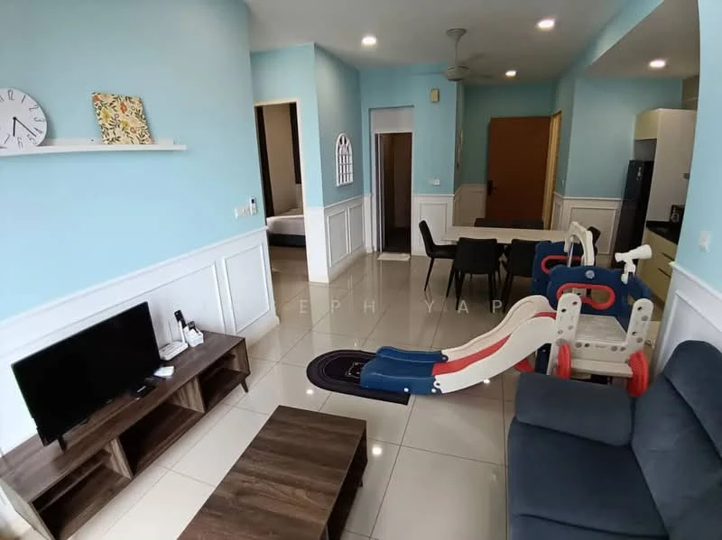 Living features: light blue painted walls, white wainscoting, glossy tile flooring, 3-seater fabric sofa in dark blue, wooden coffee table, wall-mounted TV, clock on wall, dining table with 4 chairs, children's slide, ceiling fan, open layout to kitchen, doorway leading to bedroom; style: modern.