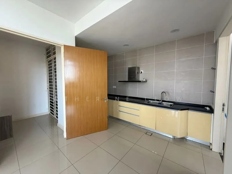 Kitchen features: cream cabinetry, black countertop, single-bowl stainless-steel sink, chrome pull-down faucet, built-in wall shelf, ceramic tile flooring, grey tiled backsplash, recessed lighting, open layout, large window for natural light; style: modern. Room features: white painted walls, sliding door, open space, natural light.