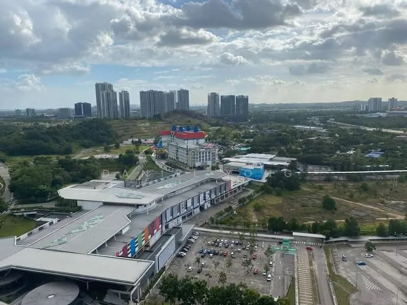 Exterior type: high-rise condominium; features: city skyline view, multi-storey car park, surrounded by greenery, open-air parking lot, commercial area with shops, landscaped grounds; style: modern.