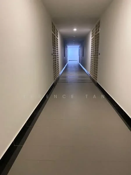 Room features: grey tiled flooring, white painted walls, recessed lighting, metal grilles on both sides, long corridor layout; style: modern.