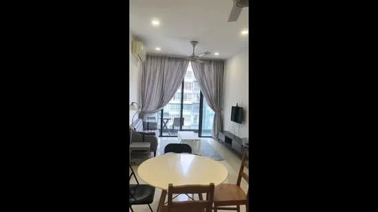 Living features: floor-to-ceiling windows, sliding glass door, grey curtains, 5-blade ceiling fan with light, sofa in grey fabric, TV mounted on wall, light-colored flooring, area rug, dining table with chairs, decorative wall, wall-mounted shelving; style: modern; view: city.