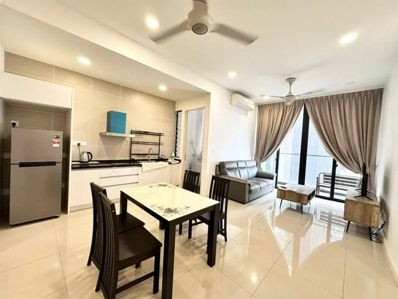 Living features: 3-seater fabric sofa in grey, coffee table, TV console, wall-mounted TV, dining table for 4, 4 dining chairs, floor-to-ceiling windows, curtains, recessed downlights, white walls, glossy tile flooring, ceiling fan; style: modern; view: city. Kitchen features: stainless-steel fridge, built-in oven, electric kettle, microwave, white cabinetry, black countertop, open shelving, ceramic tile backsplash; style: modern.