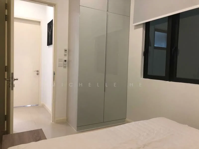 Bedroom features: white walls, light-colored flooring, built-in wardrobe with sliding doors, two windows with black frames, bed with white bedding, minimalist decor, wall-mounted artwork, ceiling light fixture; style: modern.