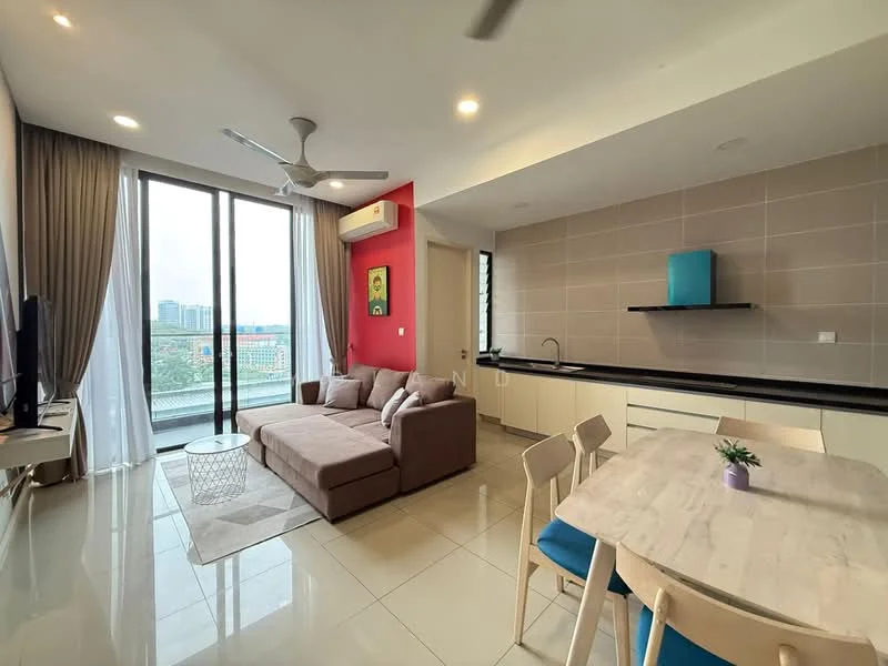 Living features: L-shape sectional sofa in brown, coffee table, TV console, wall-mounted TV, floor-to-ceiling windows, city view, recessed downlights, ceiling fan, light grey tiled flooring, decorative wall art, curtains, open shelving, kitchenette with black countertop, white cabinetry; style: modern; view: city. Dining features: 4-seater dining table, light wood dining chairs, decorative plant on table; style: modern; view: city.