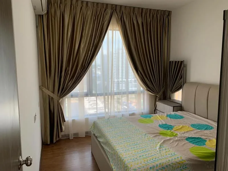 Bedroom features: queen-size bed with patterned bedding, upholstered headboard, floor-to-ceiling windows, sheer curtains, heavy drapes, wooden flooring, nightstand, decorative mirror; style: modern; view: city.
