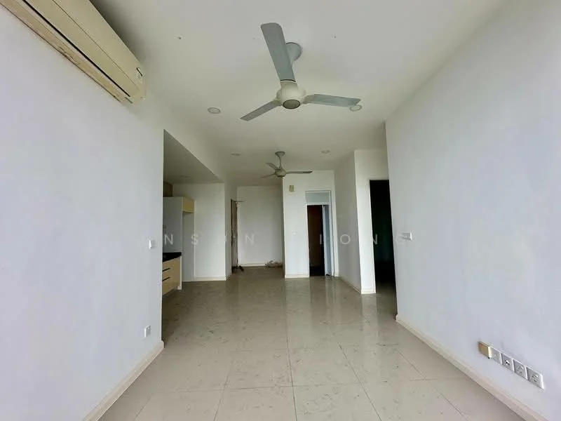 Living features: white painted walls, polished tile flooring, 5-blade ceiling fan, wall-mounted split AC, recessed downlights, open layout, doorway leading to another room, kitchen cabinetry visible in background; style: modern.