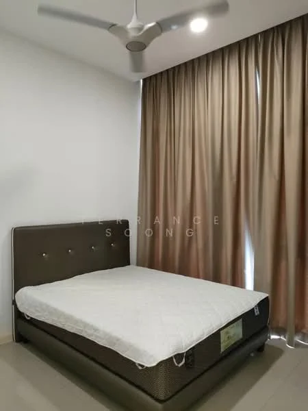 Bedroom features: queen-size bed, upholstered headboard, 5-blade ceiling fan with light, floor-to-ceiling curtains in brown, white painted walls, light-colored flooring, mattress with protective cover; style: modern.