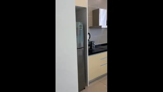 Kitchen features: stainless-steel fridge, black countertop, light beige cabinetry, built-in oven, kettle, ceramic tile flooring, wall-mounted cabinets, sink, stainless-steel range hood; style: modern.