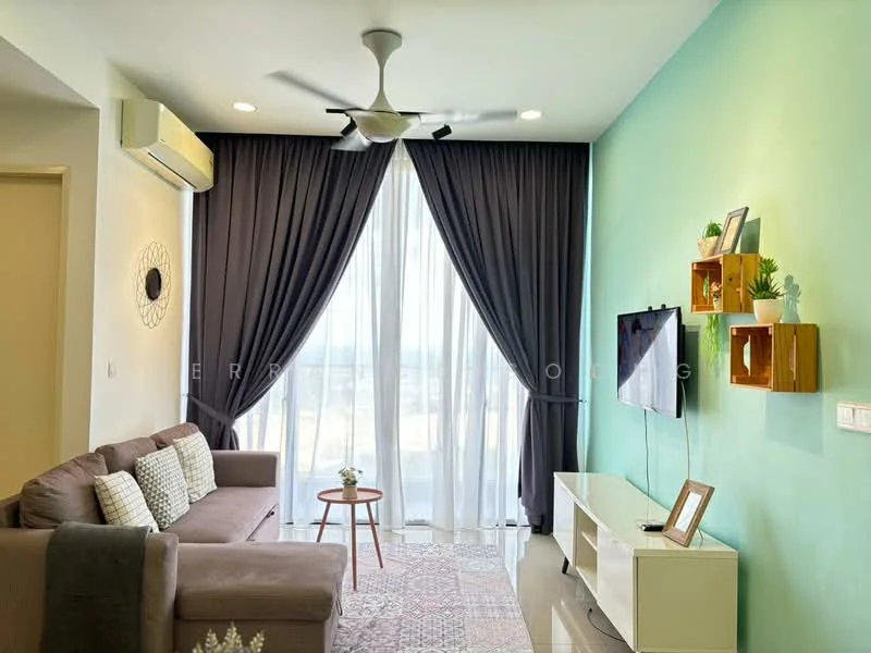 Living features: 3-seater fabric sofa in brown, decorative cushions, area rug with geometric pattern, wall-mounted TV, TV console in white, ceiling fan with light, floor-to-ceiling windows, sheer curtains, dark grey drapes, green accent wall, wall-mounted decorative shelves, framed wall clock; style: modern; view: city.