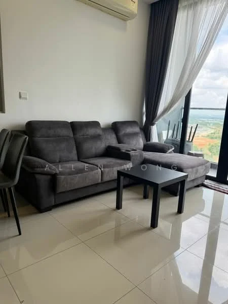 Living features: 3-seater fabric sofa in grey, 2-seater fabric sofa in grey, black coffee table, floor-to-ceiling windows, curtains, air conditioning unit, glossy tile flooring, decorative plants in pots; style: modern; view: city.