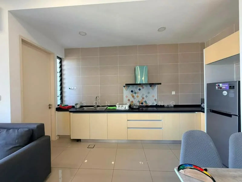 Kitchen features: light wood cabinetry, black countertop, stainless-steel sink, chrome pull-down faucet, white tile backsplash with geometric pattern, built-in oven, stainless-steel fridge, ceramic tile flooring, recessed downlights, window with grid design, kitchen island, open shelving; style: modern.