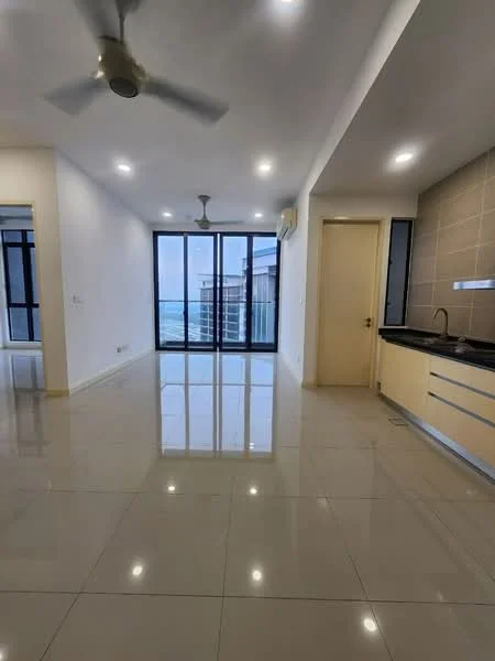 Living features: glossy tile flooring, white painted walls, recessed downlights, 5-blade ceiling fan, floor-to-ceiling windows, sliding glass door, black countertop, kitchen cabinetry, open layout, city view; style: modern; view: city.