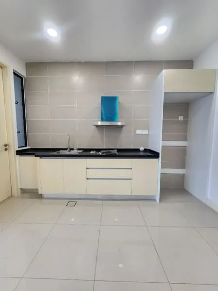 Kitchen features: black granite countertop, light beige cabinetry, stainless-steel sink, chrome faucet, built-in stove, wall-mounted shelf, tile backsplash, ceramic tile flooring, recessed LED downlights; style: modern.
