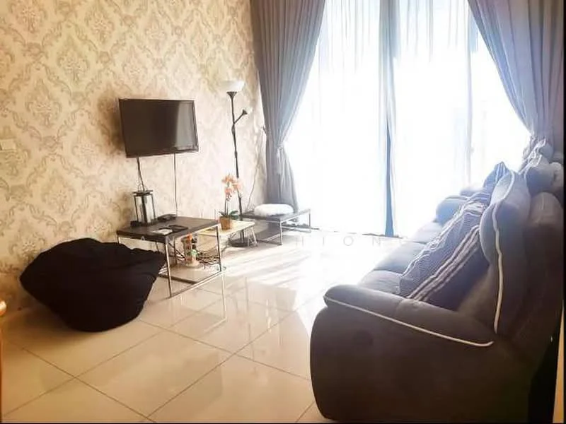 Living features: grey fabric sofa, black bean bag chair, glass coffee table, TV console, wall-mounted TV, decorative plant, floor lamp, light-colored wallpaper with floral pattern, large floor-to-ceiling windows with sheer curtains, glossy tile flooring; style: modern.