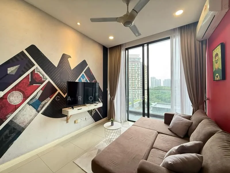 Living features: beige fabric sofa, wall-mounted TV, decorative wall with abstract mural, floor-to-ceiling windows, curtains, ceiling fan, light-colored tile flooring, coffee table, decorative artwork on wall; style: modern; view: city.
