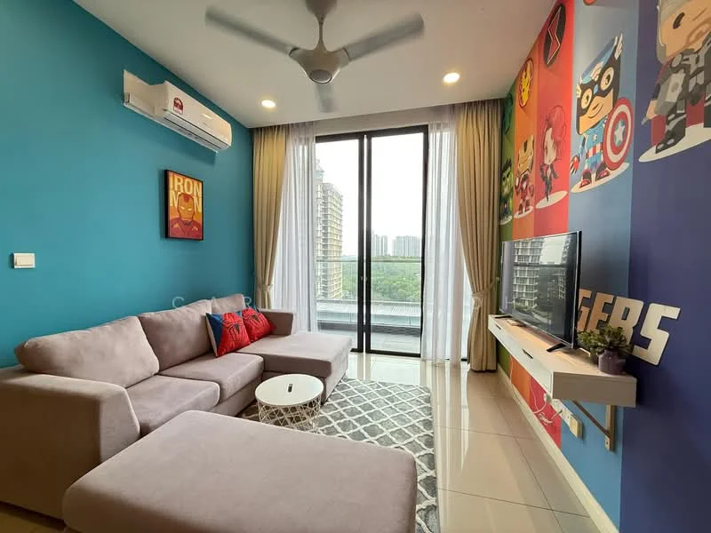Living features: 3-seater fabric sofa in light grey, ottoman in light grey, coffee table with round top, TV console with wall-mounted TV, floor-to-ceiling windows, white curtains, ceiling fan with light, decorative wall with superhero theme, light-colored tiled flooring, air conditioning unit on wall; style: modern; view: city.