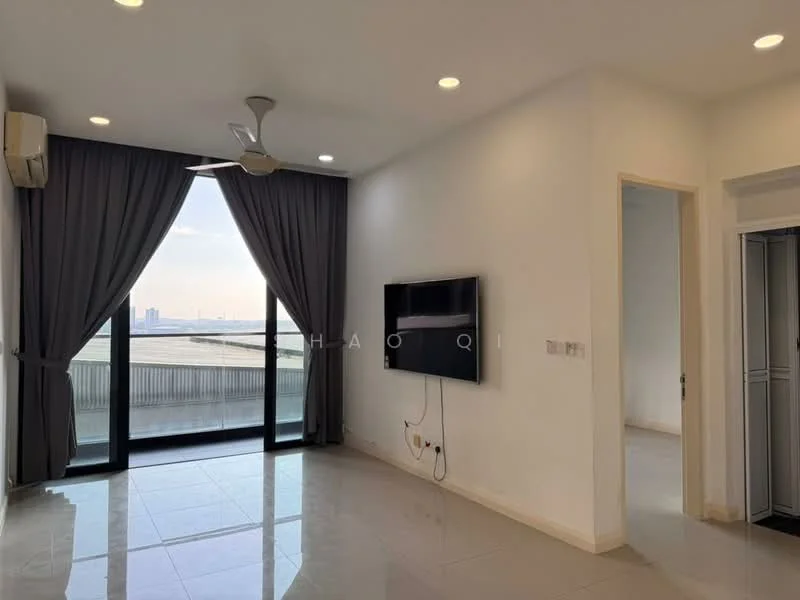 Living features: floor-to-ceiling windows, sliding glass door, grey curtains, 5-blade ceiling fan with light, wall-mounted TV, white painted walls, glossy tile flooring, air conditioning unit; style: modern; view: city.