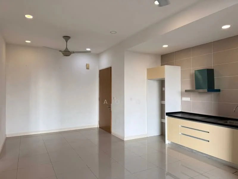 Kitchen features: white painted walls, grey tiled backsplash, black countertop, stainless-steel sink, chrome pull-down faucet, built-in kitchen cabinet with yellow doors, recessed downlights, ceiling fan, ceramic tile flooring; style: modern.
