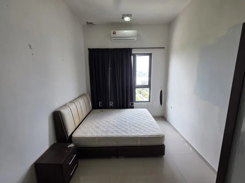 Bedroom features: queen-size bed, upholstered headboard, nightstand in dark wood, floor-to-ceiling window, blackout curtains, white painted walls, tile flooring, wall-mounted split AC, ceiling light, light switch, view of city skyline; style: modern; view: city.