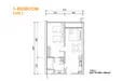 Floor plan: 1-bedroom 1-bathroom unit; features: open-plan kitchen-dining-living, master bedroom with ensuite bathroom, utility room, central foyer.