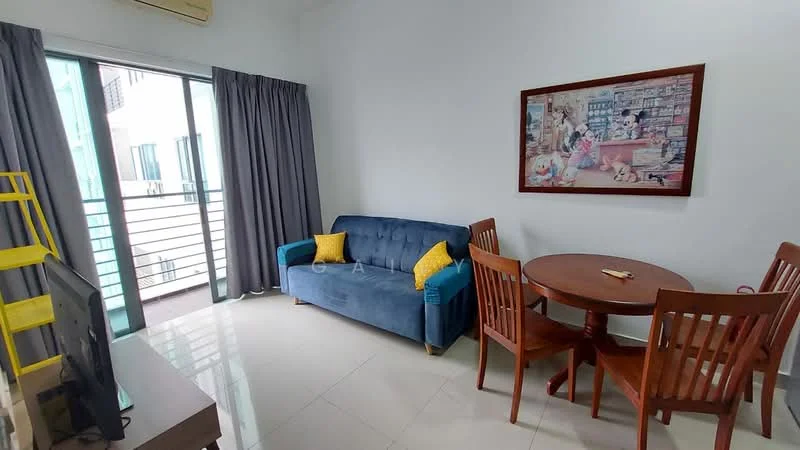 Living features: blue fabric sofa, yellow accent cushions, round wooden dining table, four wooden dining chairs, floor-to-ceiling windows, grey curtains, white painted walls, glossy tile flooring, wall-mounted TV console, decorative artwork on wall; style: modern.