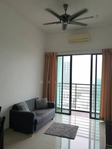 Living features: 3-seater fabric sofa in grey, area rug with geometric pattern, floor-to-ceiling windows, sliding glass door, curtains in beige, 1 wall-mounted split AC, ceiling fan with light, glossy tile flooring, neutral painted walls; style: modern; view: city.