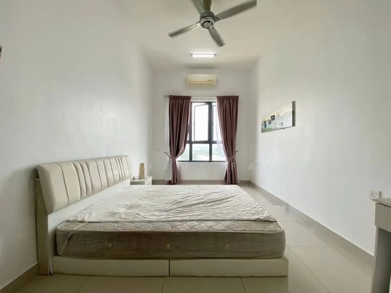 Bedroom features: king-size bed, upholstered headboard, 2 bedside lamps, floor-to-ceiling window, curtains, white painted walls, ceiling fan, tile flooring, air conditioning unit, decorative wall art; style: modern.