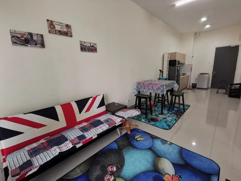 Living features: sofa with Union Jack pattern, coffee table, area rug with butterfly pattern, wall-mounted artwork, tile flooring, recessed ceiling lights, open layout to dining area, floor-to-ceiling windows, decorative wall clock; style: modern. Dining features: 4-seater dining table, plastic dining chairs, tablecloth with floral pattern, refrigerator, washing machine, kitchen cabinets, countertop, tile flooring; style: modern.