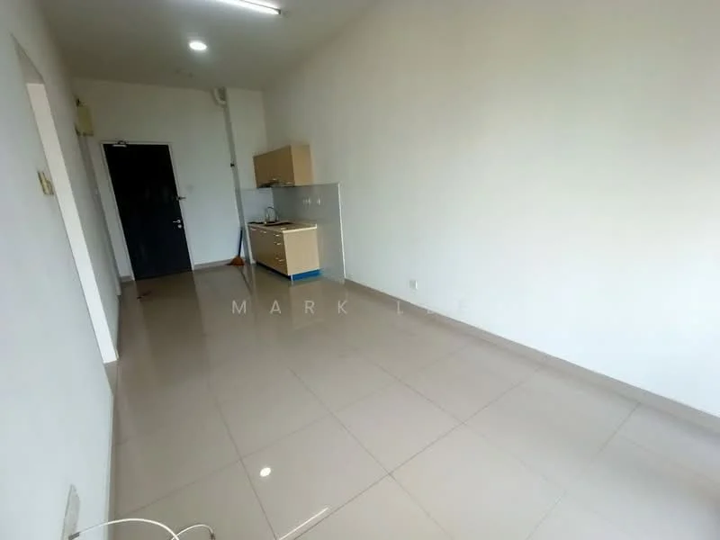 Room features: white painted walls, glossy ceramic tile flooring, single-bowl stainless-steel sink, wood cabinetry, kitchen countertop, door to hallway, light fixture on ceiling, open layout; style: modern.