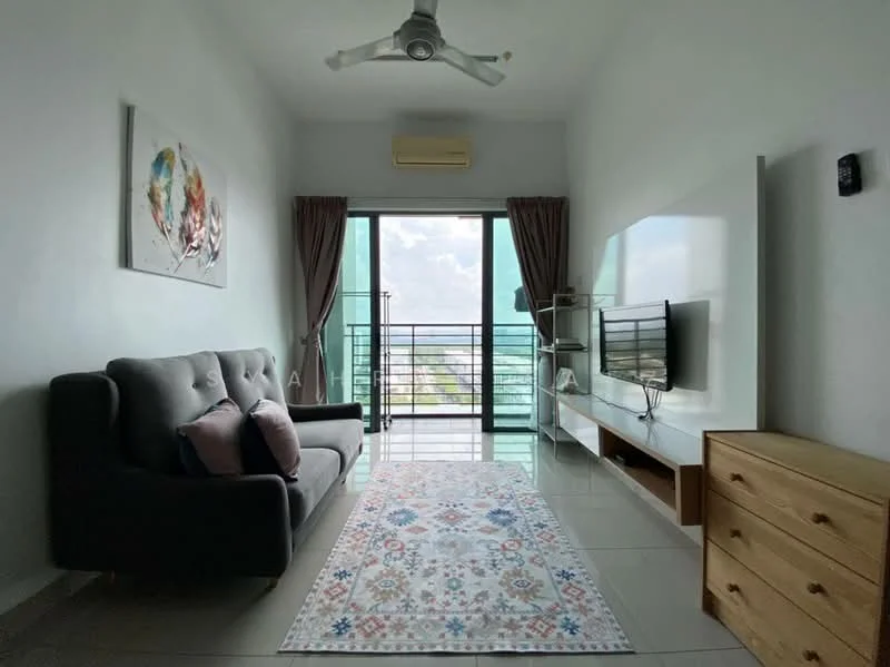 Living features: 3-seater fabric sofa in grey, decorative cushions, area rug with geometric pattern, wall-mounted TV, TV console, large sliding glass door, floor-to-ceiling windows, curtains, ceiling fan with light, air conditioning unit, wooden chest of drawers, framed artwork; style: modern; view: city.