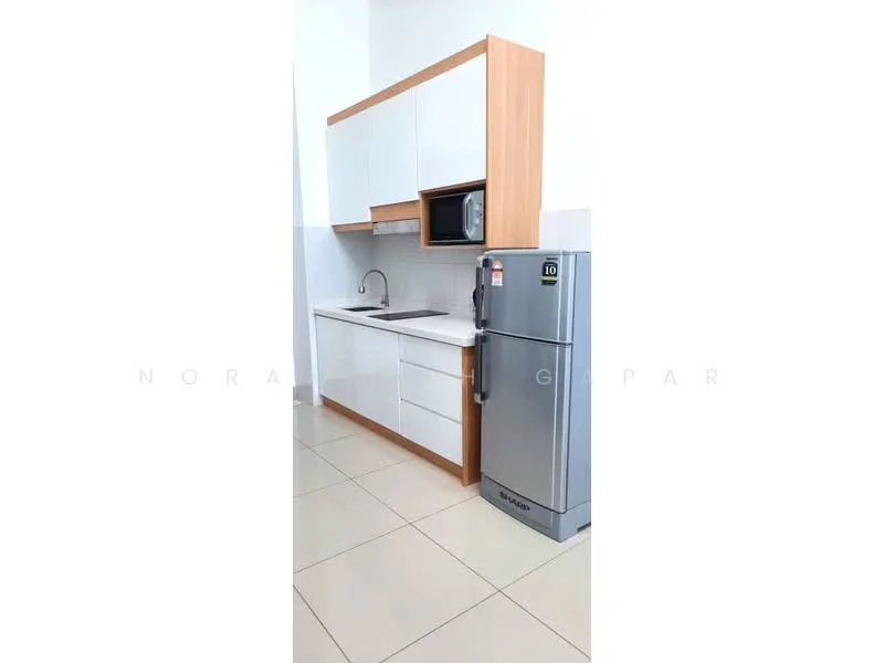Kitchen features: white shaker cabinets, wood accent cabinetry, single-bowl stainless-steel sink, chrome pull-down faucet, white countertop, built-in microwave, stainless-steel fridge, ceramic tile flooring, wall-mounted cabinet, open shelving; style: modern.