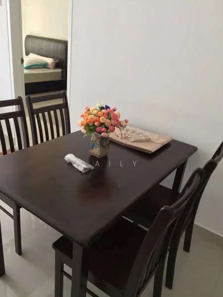 Dining features: dark wood dining table, 6-seater dining table, wooden dining chairs, decorative vase with flowers, table runner, white painted walls, glossy tile flooring, natural light from adjacent room; style: modern.