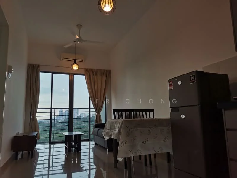 Living features: 3-seater fabric sofa in black, wooden coffee table, dining table with tablecloth, refrigerator, floor-to-ceiling windows, curtains, ceiling fan, wall-mounted split AC, glossy tile flooring, light fixture; style: modern; view: city.