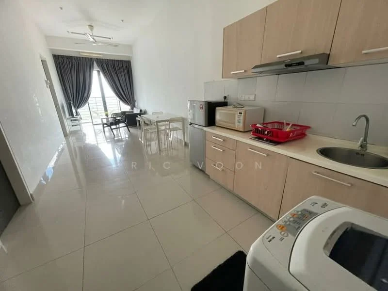 Kitchen features: single-bowl stainless-steel sink, chrome pull-down faucet, white cabinetry, built-in oven, freestanding microwave, refrigerator, washing machine, ceramic tile flooring, white walls, recessed downlights, window with sheer curtains; style: modern; view: city. Living features: dining table for 4, 4 dining chairs, sofa, floor-to-ceiling windows, curtains, ceramic tile flooring, white walls, recessed downlights; style: modern; view: city.