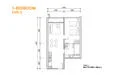 Floor plan: 1-bedroom 1-bathroom unit; features: open-plan kitchen-dining-living, master bedroom with ensuite bathroom, utility room, central foyer.