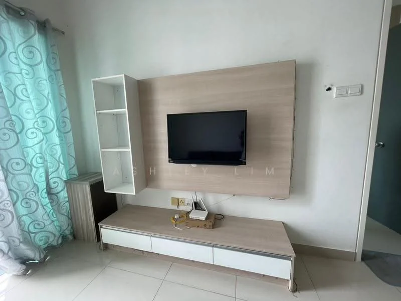 Living features: light grey walls, white tiled flooring, wall-mounted flat-screen TV, light wood TV console, white storage cabinet, sheer turquoise curtains, natural light from window, minimalist decor; style: modern.